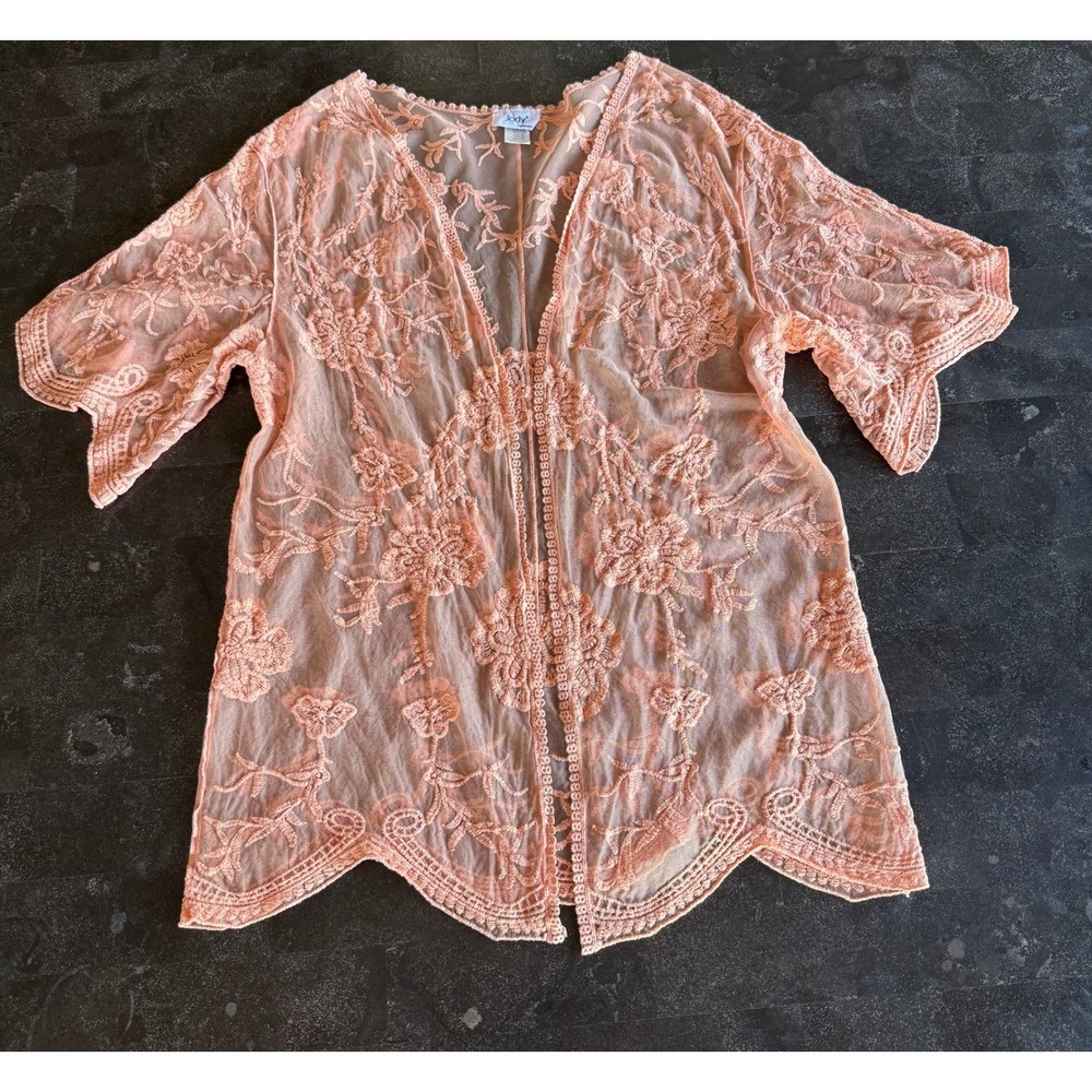 Jody California L/XL Peach Floral Embroidered Mesh Kimono‎ Open Front Cover Up